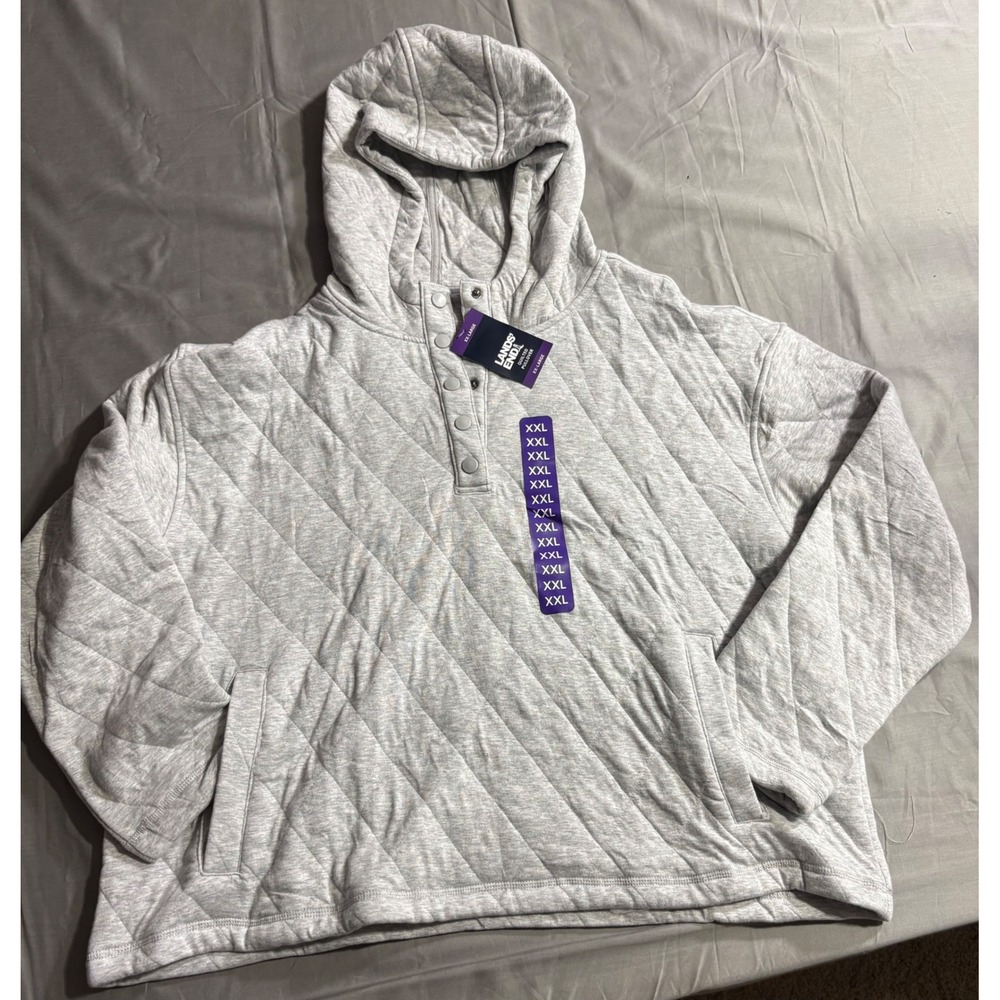 Lands End Womens XXL Gray Quilted Pullover Hoodie Snap Neck Sweatshirt NEW